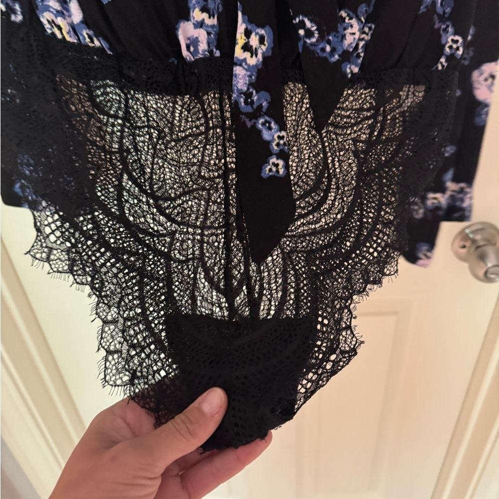 Free People Black Blue Floral V-Neck Tie Long Sleeve Bodysuit‎ Womens, Small - Picture 7 of 16
